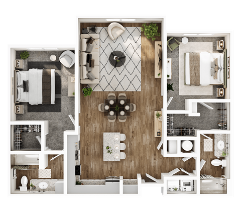 Floor plan for 2 beds, 2 baths, 1121 sqft